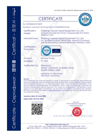 Sanitary pump CE certification