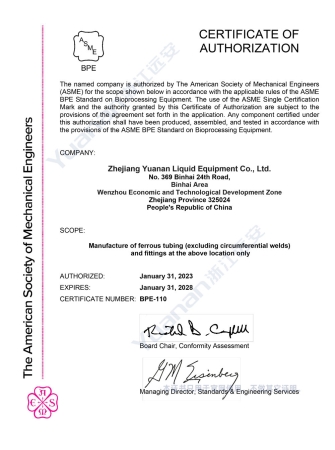 Pipe Fittings and Steel Pipes ASME BPE Certificate